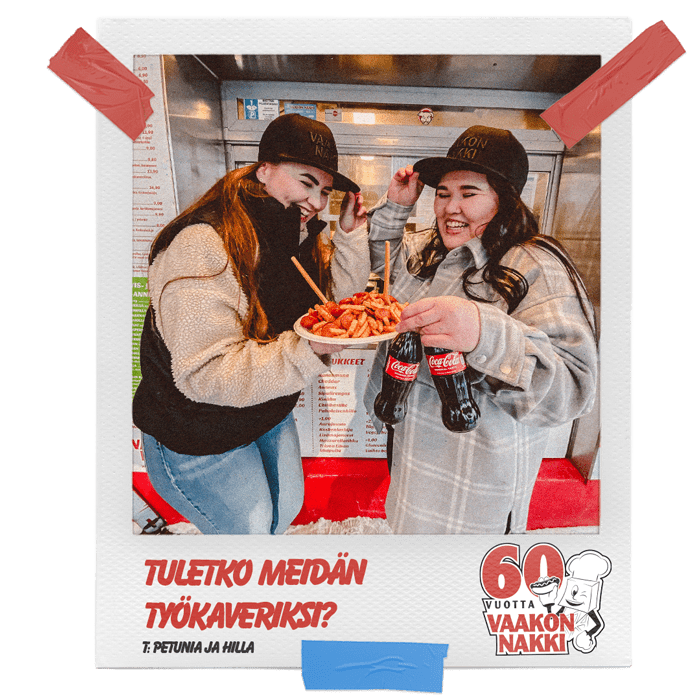 Vaakon Nakki - Meille töihin? Polaroidkuva jossa kaksi työn tekijää ruoka-annoksien kanssa